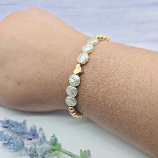 18k Gold Filled Rounded Pearl Flat Golden Heart-Shaped Bracelet