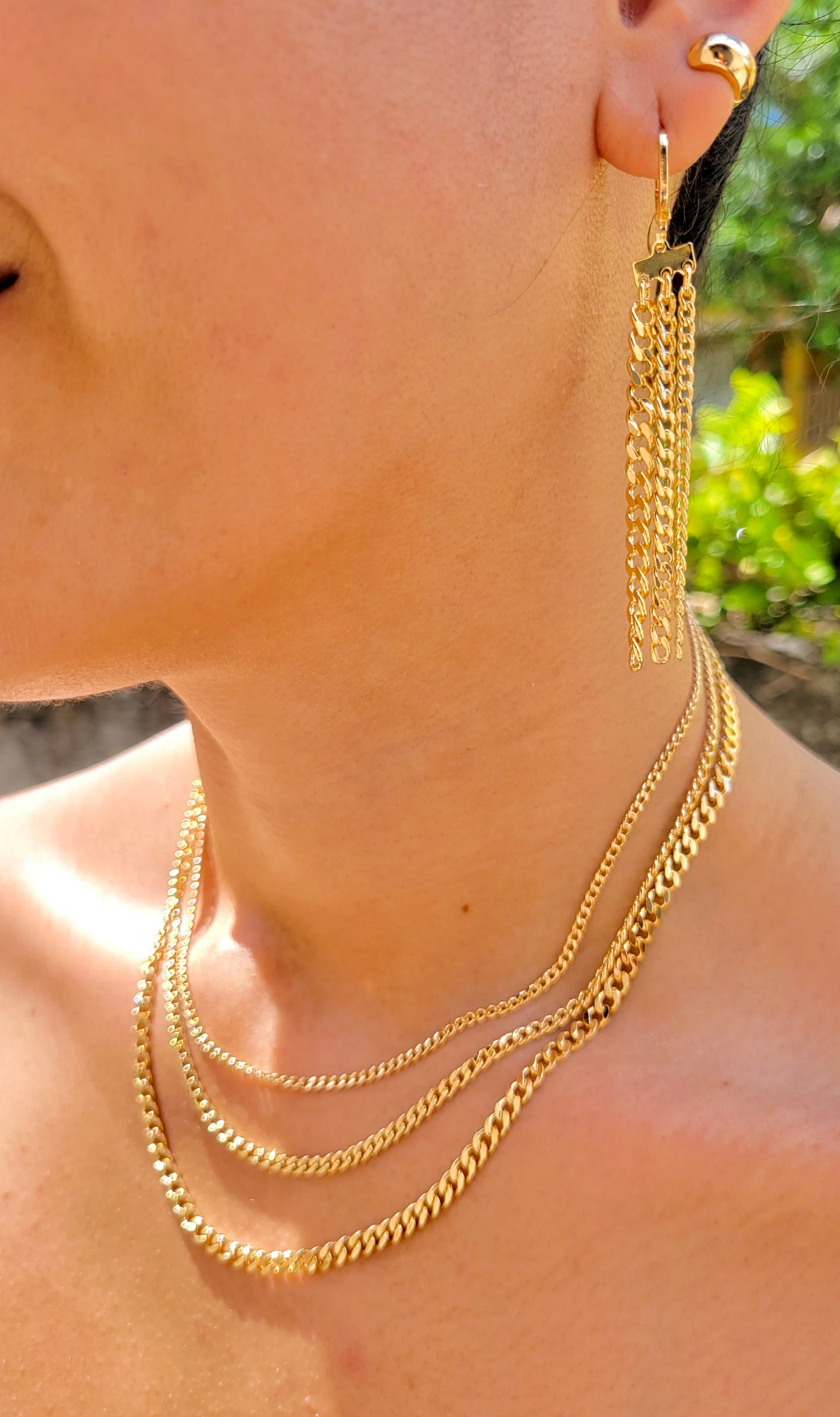 Triple Cuban Link Necklace and Earrings set