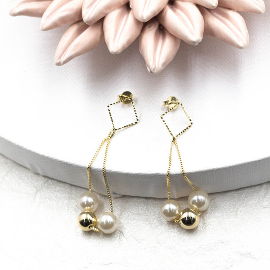 Two Pearl and One Ball Hanging Stud Earrings