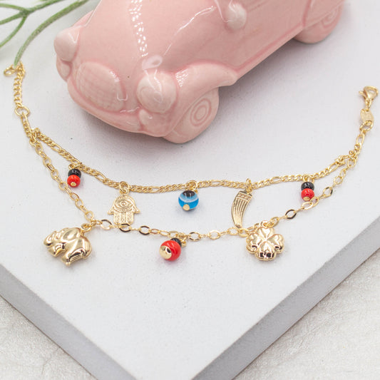 Lucky Elephant Four Leaf Hamsa Hand, Evil Eye Bracelet