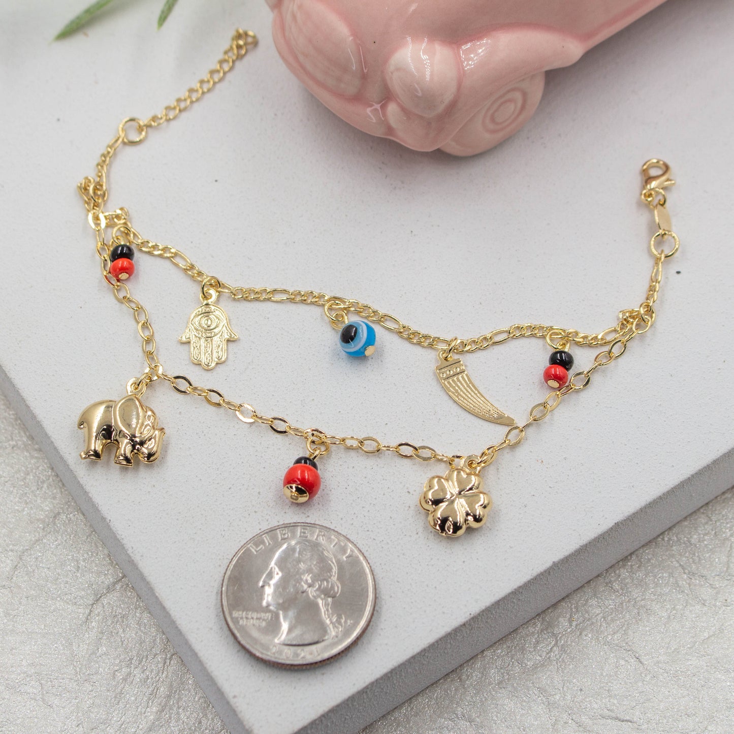 Lucky Elephant Four Leaf Hamsa Hand, Evil Eye Bracelet