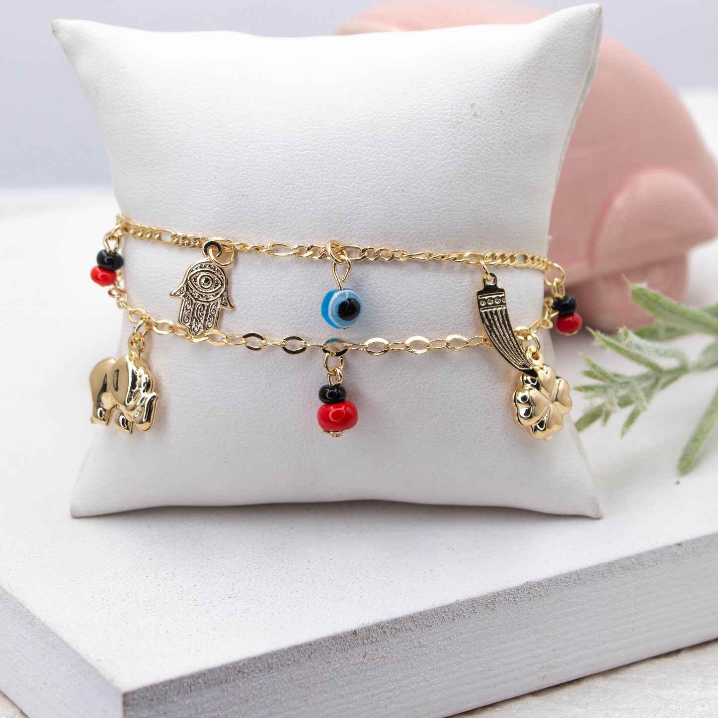 Lucky Elephant Four Leaf Hamsa Hand, Evil Eye Bracelet