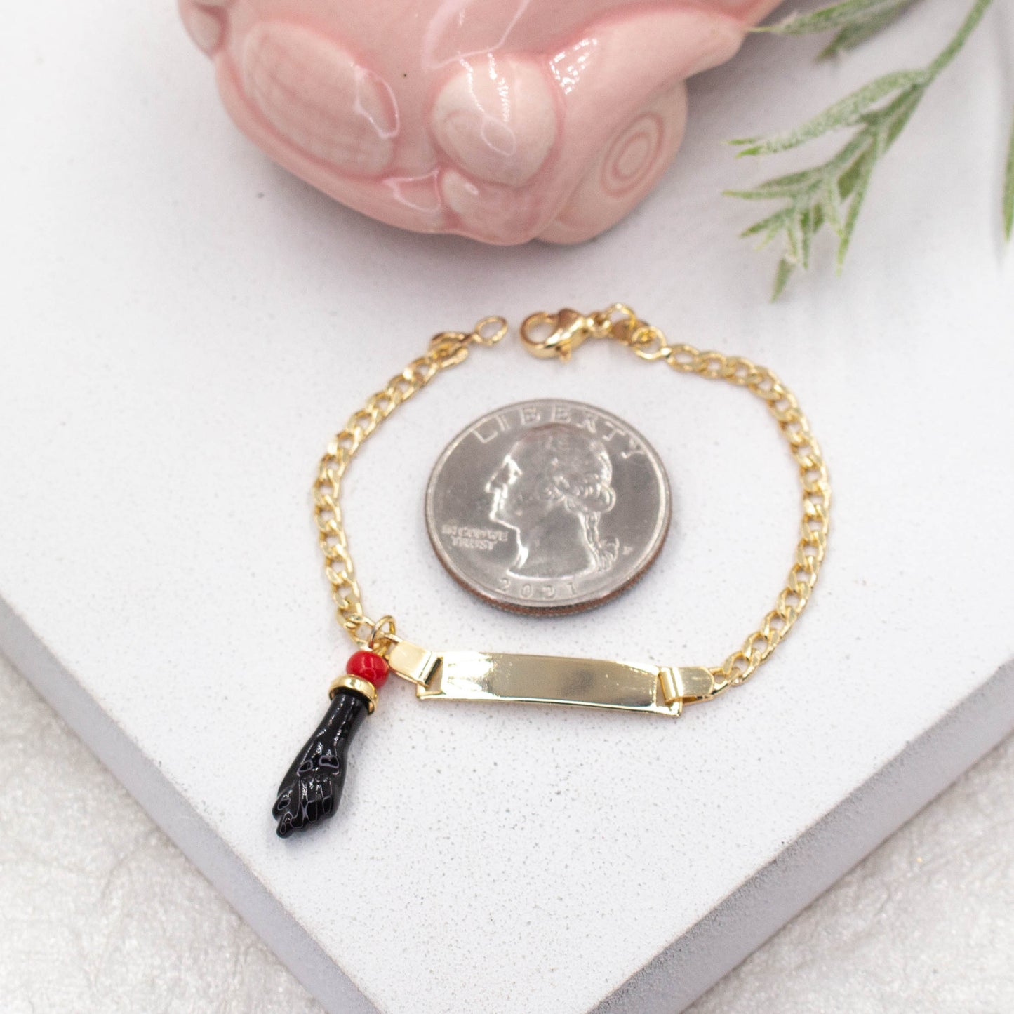 ID Figa Hand Plain Plaque Kids Baby Cuban Link Chain 6" Bracelet