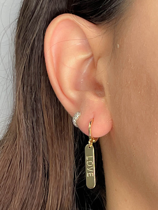 "Love" Engraved Plaque Huggie Earrings