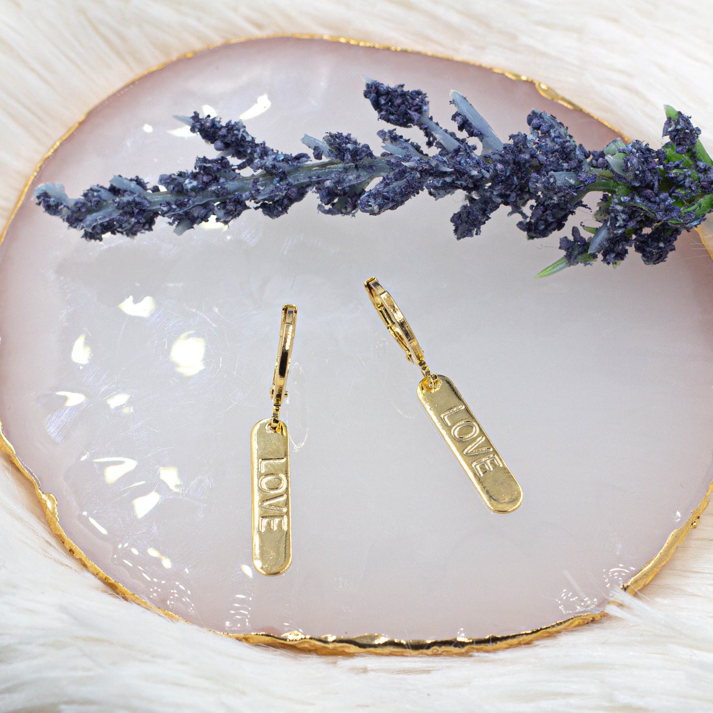"Love" Engraved Plaque Huggie Earrings