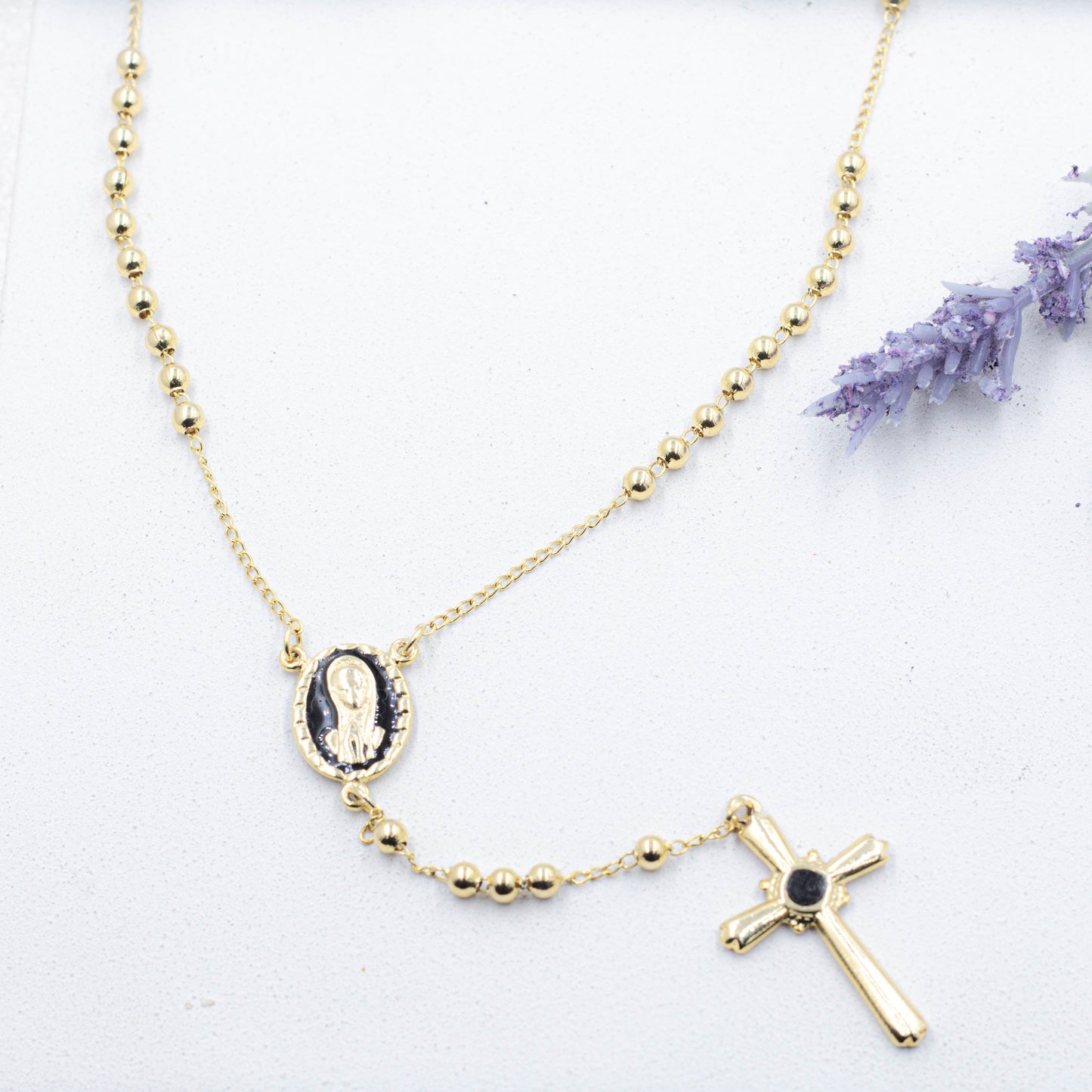 Catholic Gold Pearl Rosary with Black Details