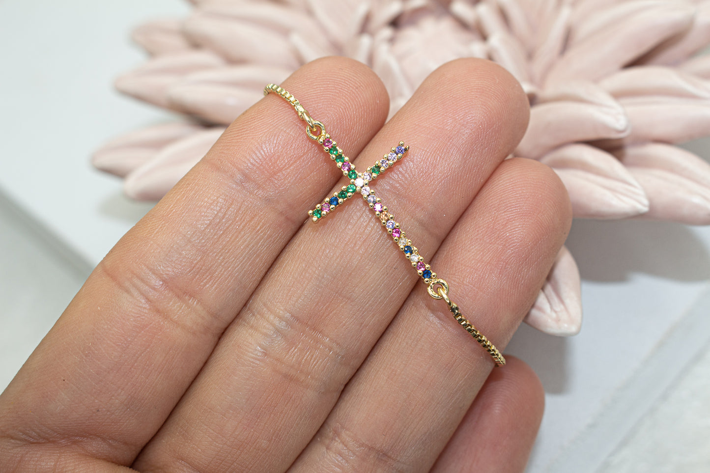 Colorful Micro Pave Zirconia Cross Adjustable Bracelet