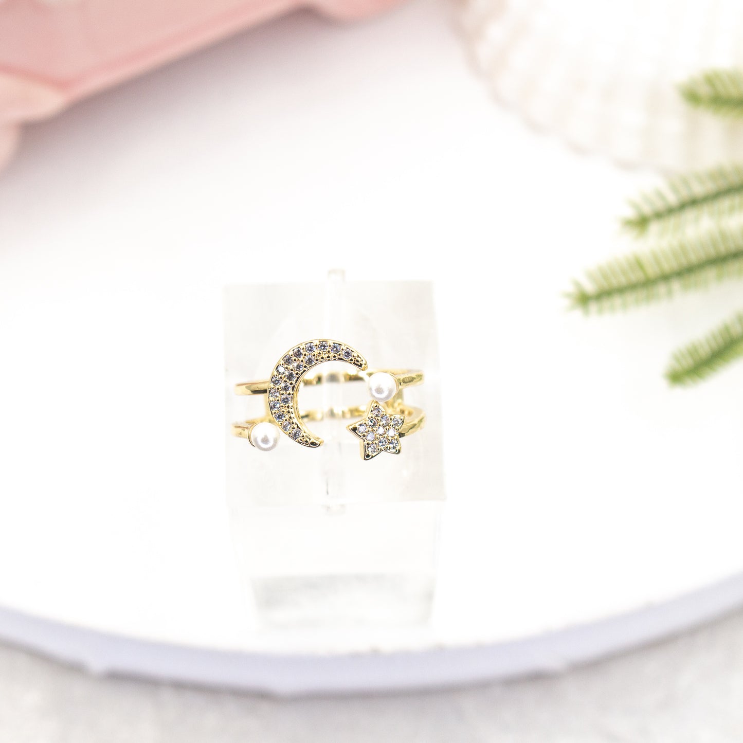 Moon and Star Pearl Detail Adjustable Ring