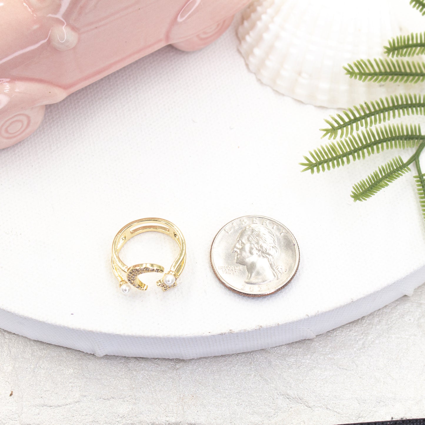 Moon and Star Pearl Detail Adjustable Ring