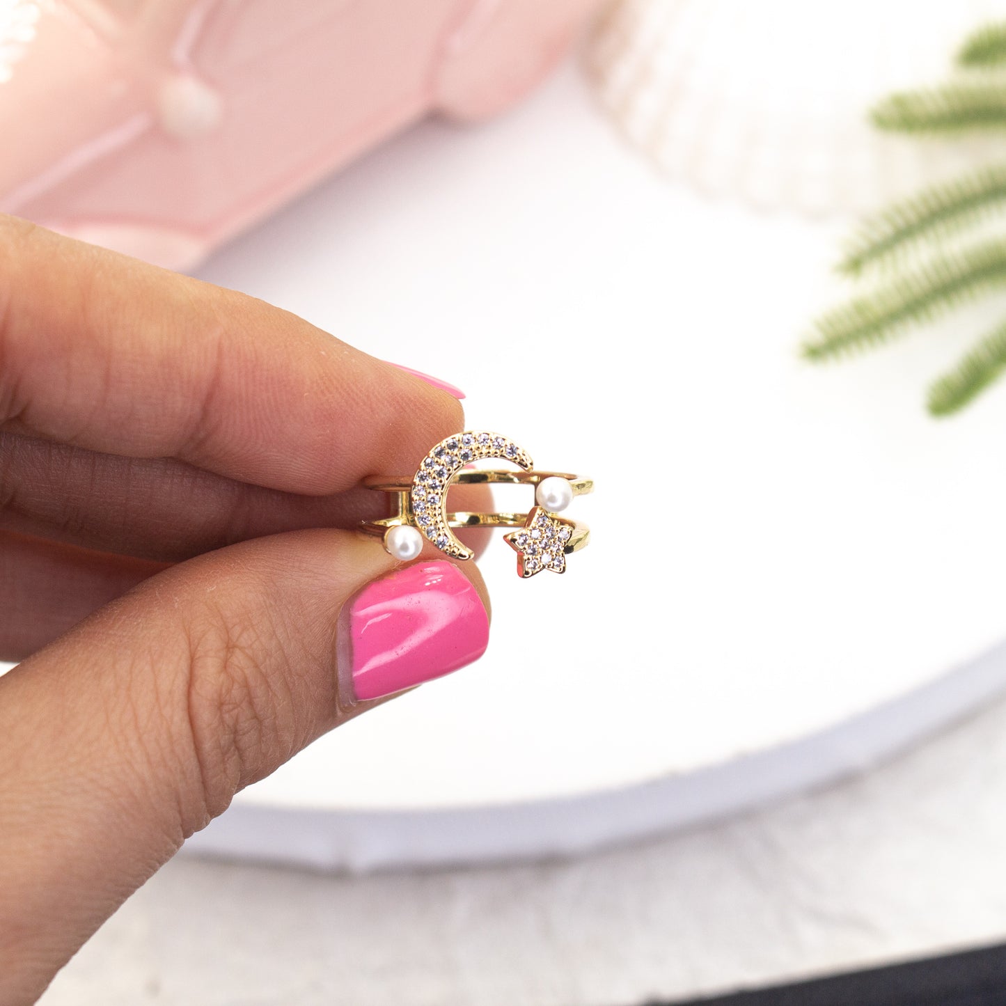 Moon and Star Pearl Detail Adjustable Ring