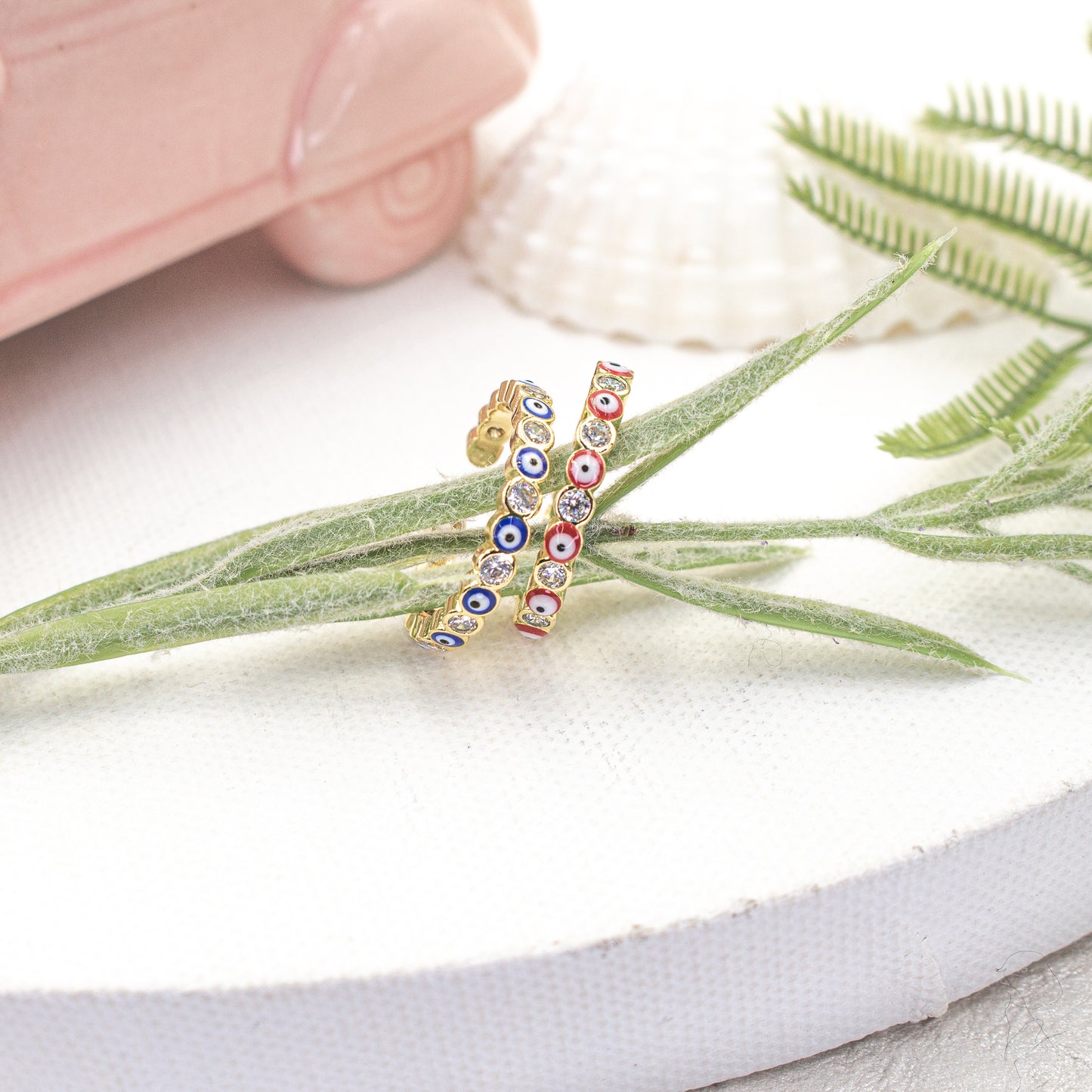 Micro Pave Cubic Zirconia Blue or Red Evil Eye Adjustable Ring