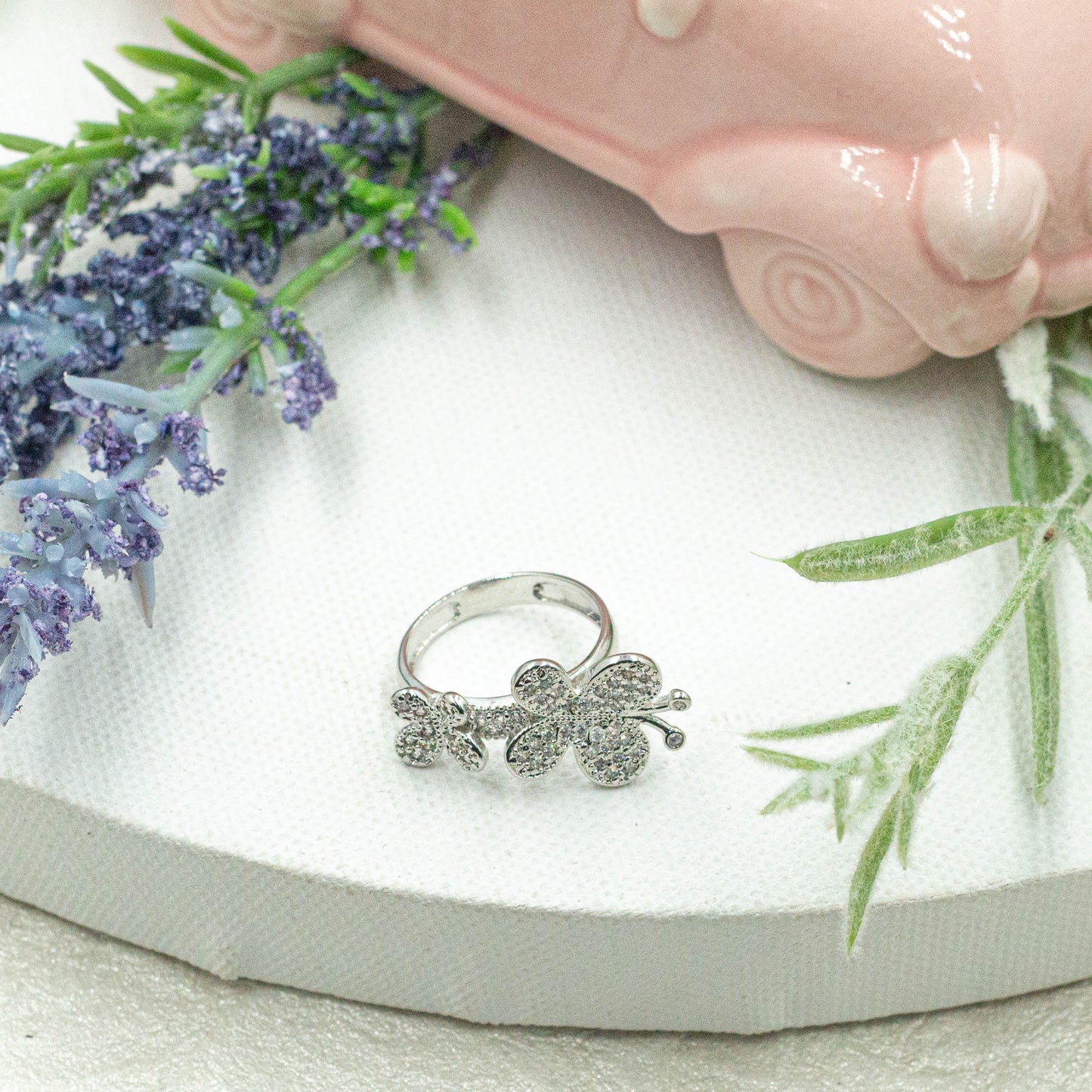 Micro Pave Two Butterflies Ring