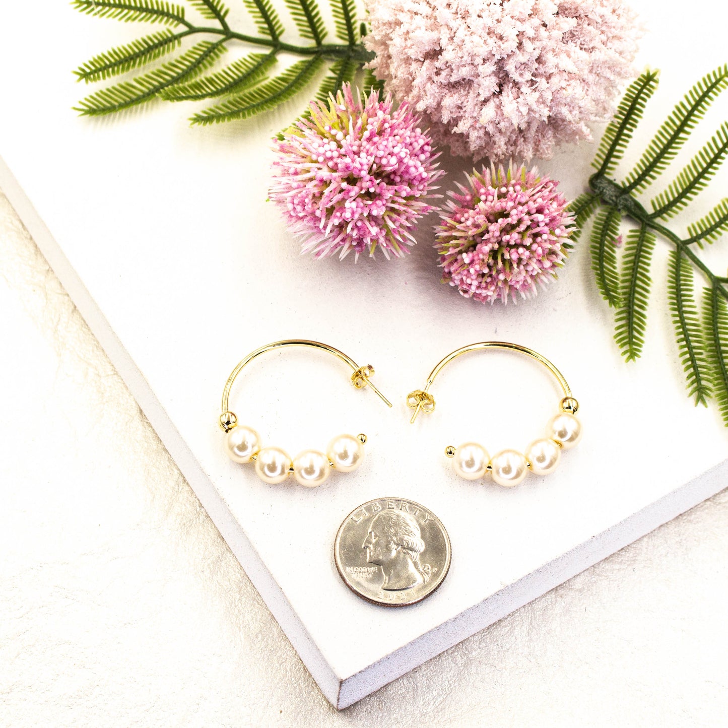 Four White Pearl Open Hoops Earrings