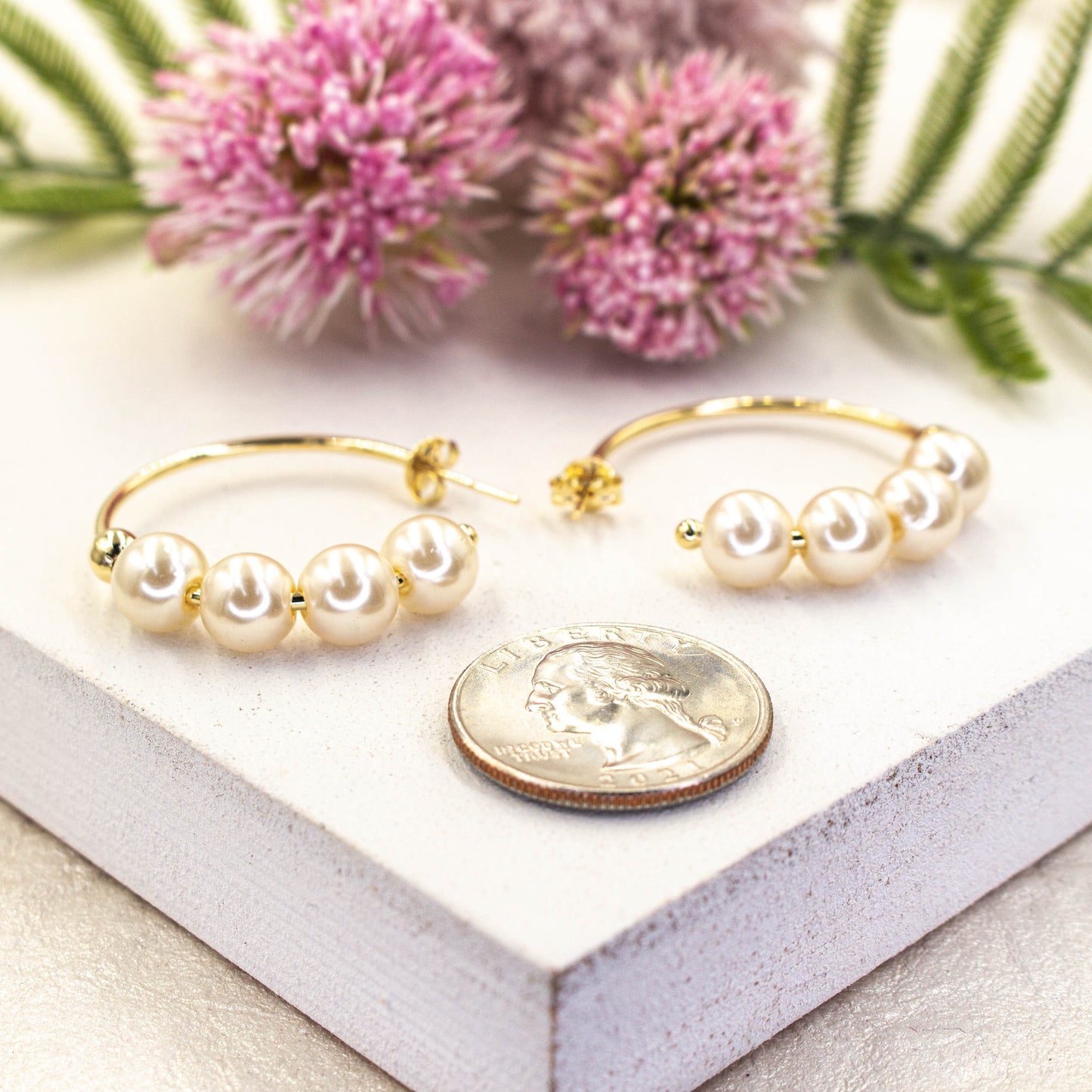Four White Pearl Open Hoops Earrings