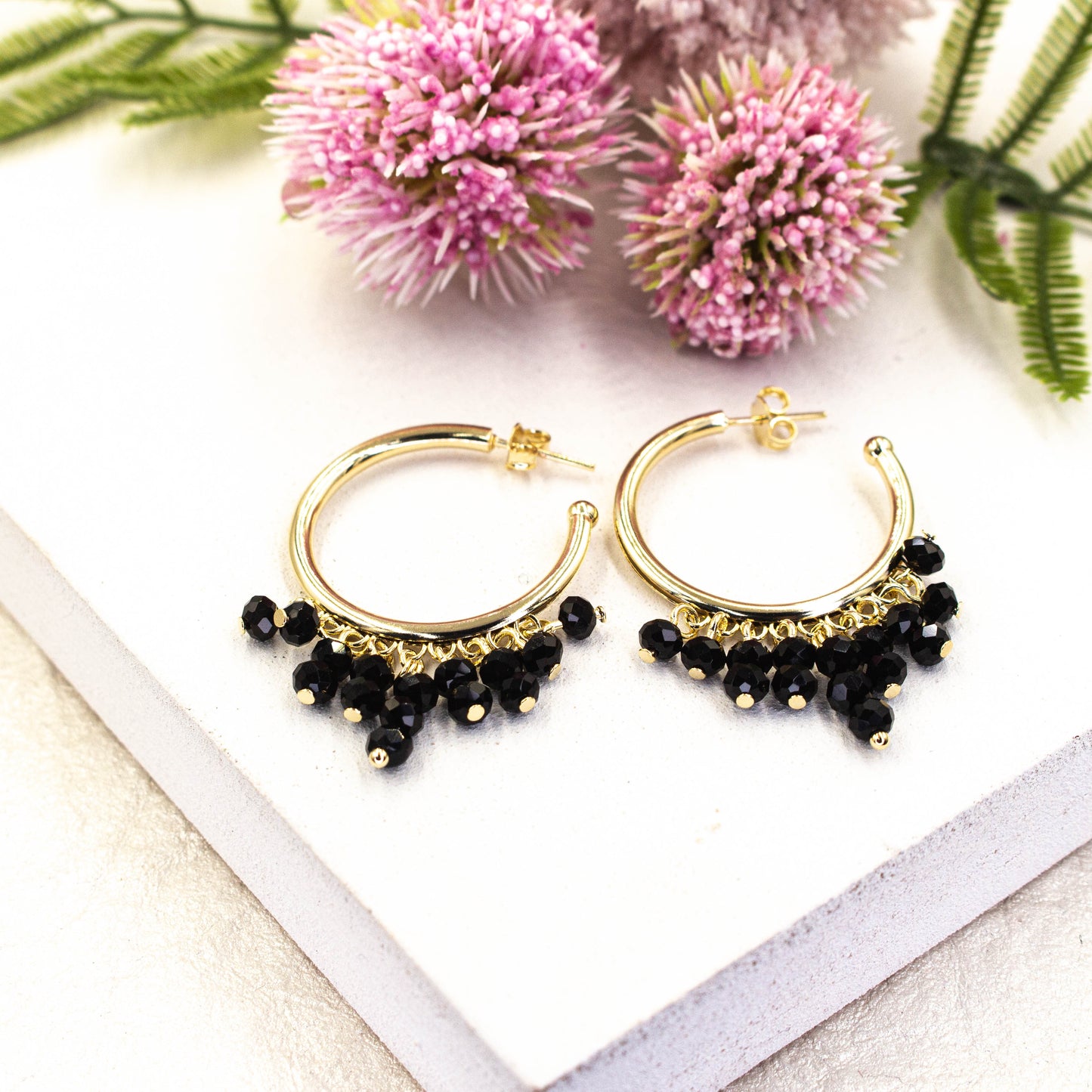 Black Beaded Hoops Earrings