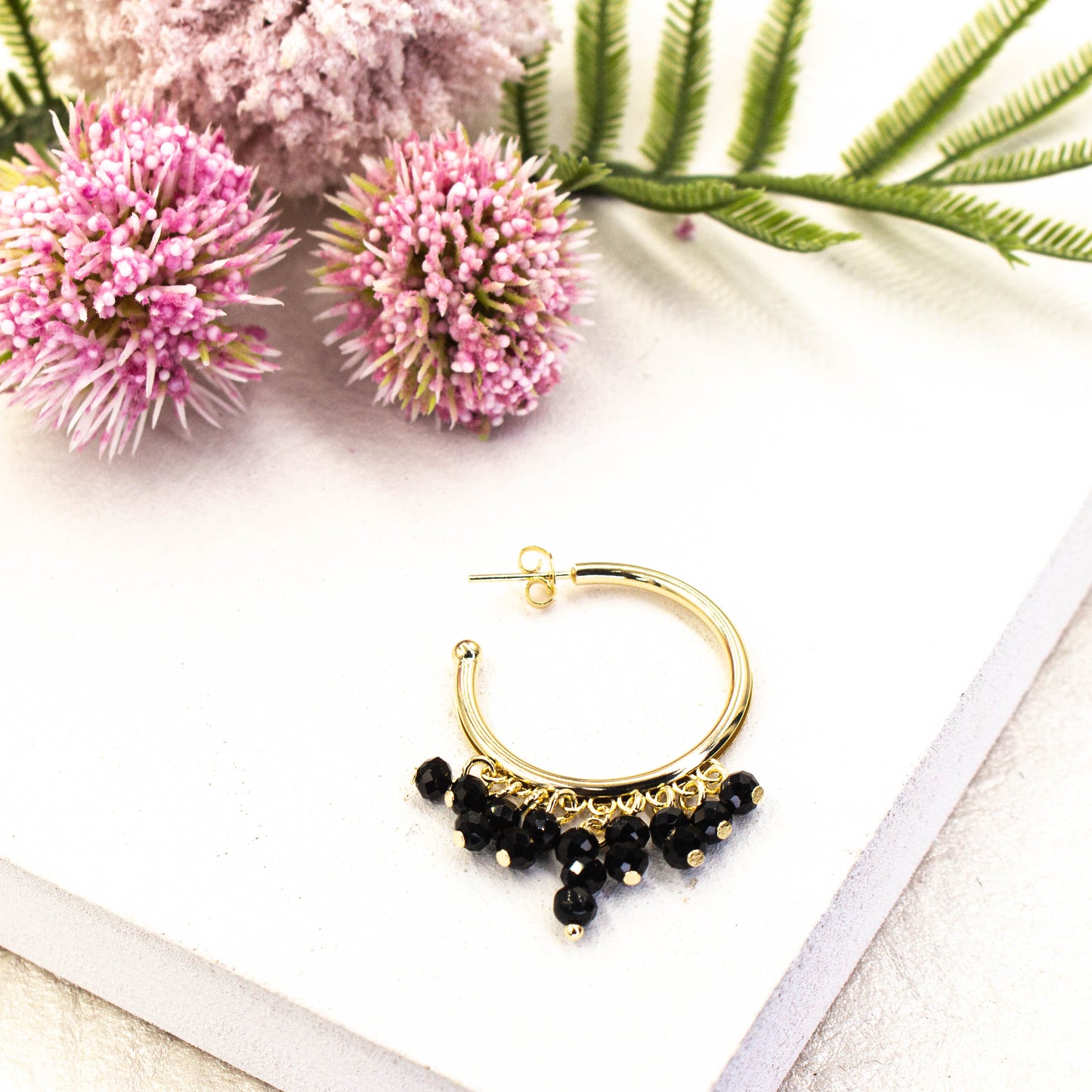 Black Beaded Hoops Earrings