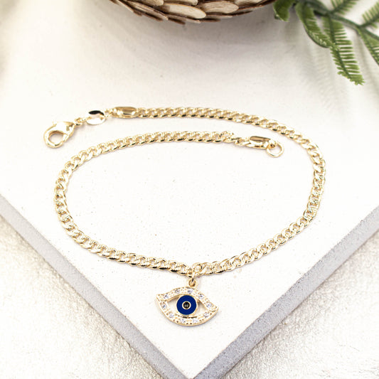 Greek Blue Eye Pendant Diamond Cut Cuban Link Chain Anklet