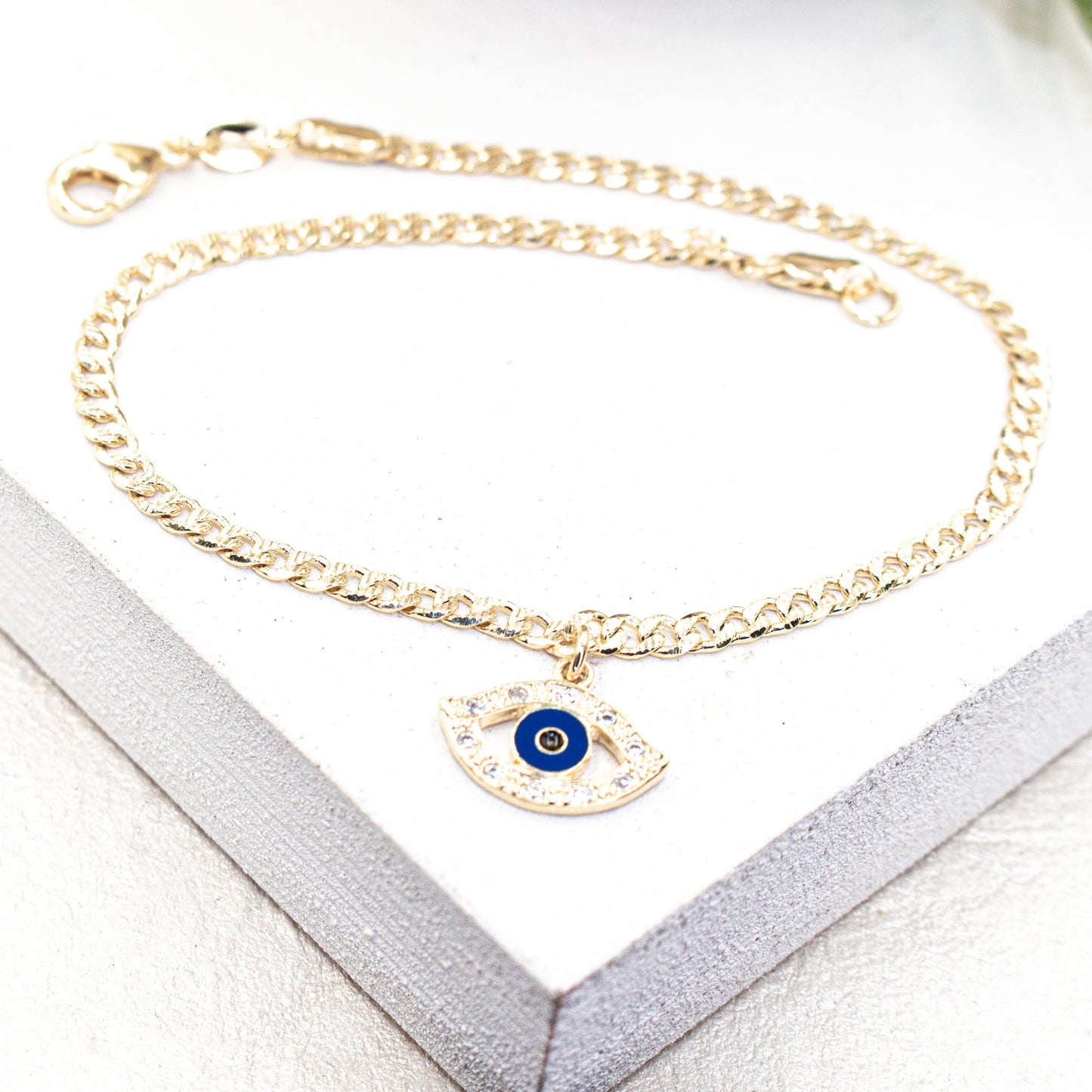 Greek Blue Eye Pendant Diamond Cut Cuban Link Chain Anklet