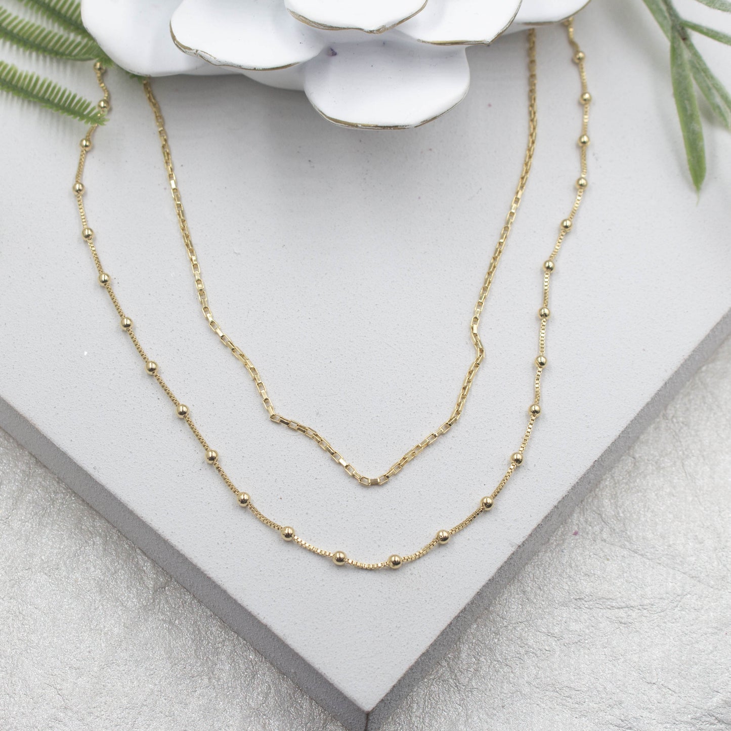 Satellite & Rectangular Box Chain, Double Chain Necklace