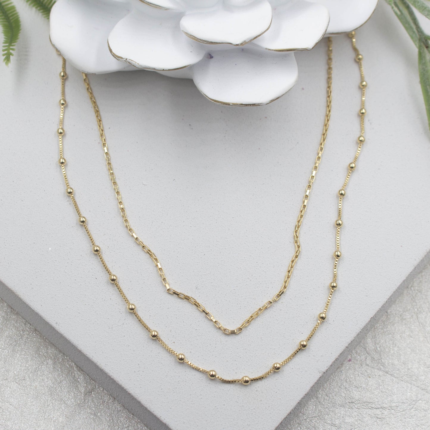 Satellite & Rectangular Box Chain, Double Chain Necklace