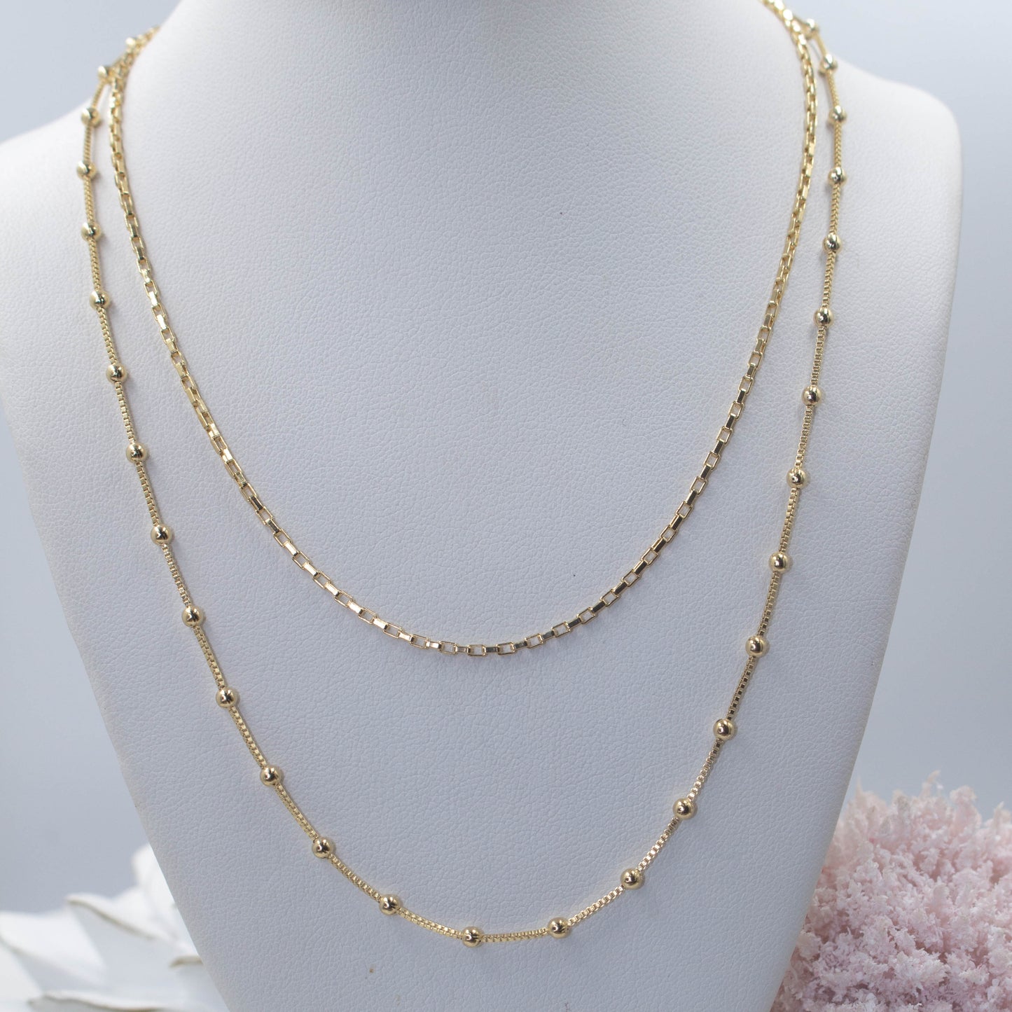 Satellite & Rectangular Box Chain, Double Chain Necklace
