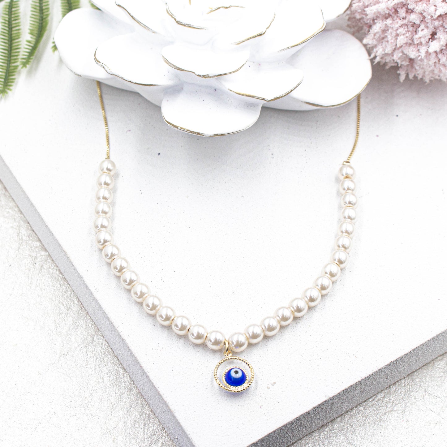 Blue Evil Eye White Pearl Necklace, Blue Greek Eye