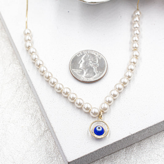 Blue Evil Eye White Pearl Necklace, Blue Greek Eye