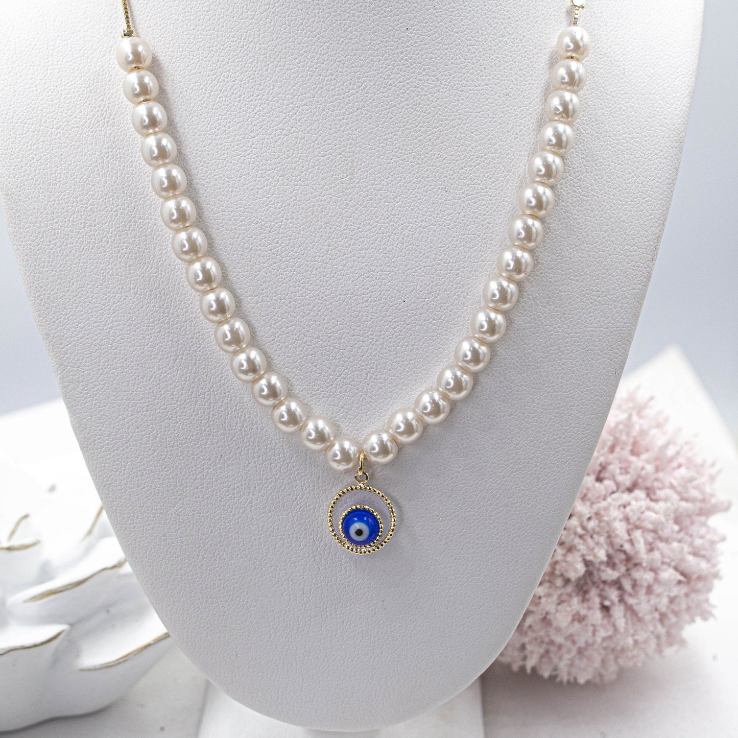 Blue Evil Eye White Pearl Necklace, Blue Greek Eye