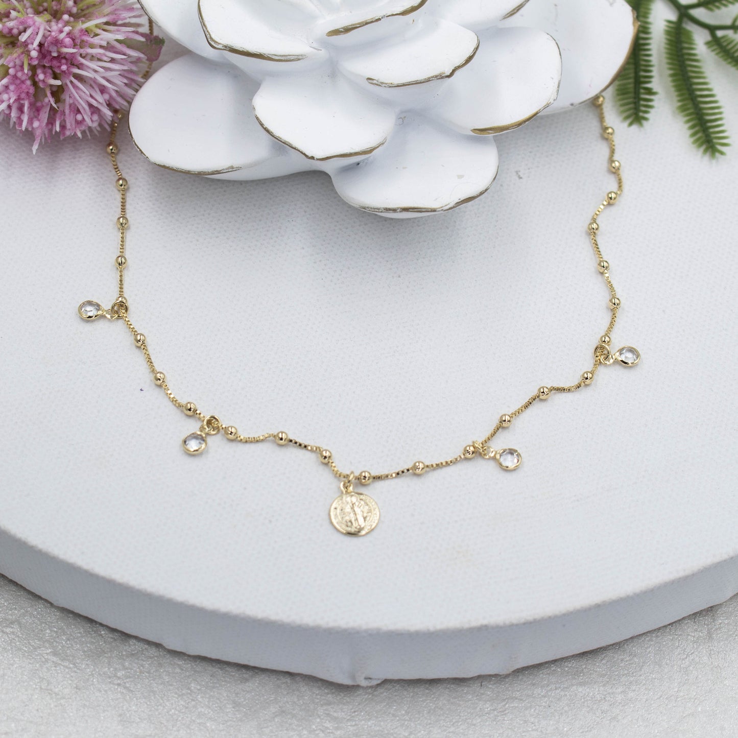 Saint Benedict Pendant with Four Spot Light Satellite Chain Necklace