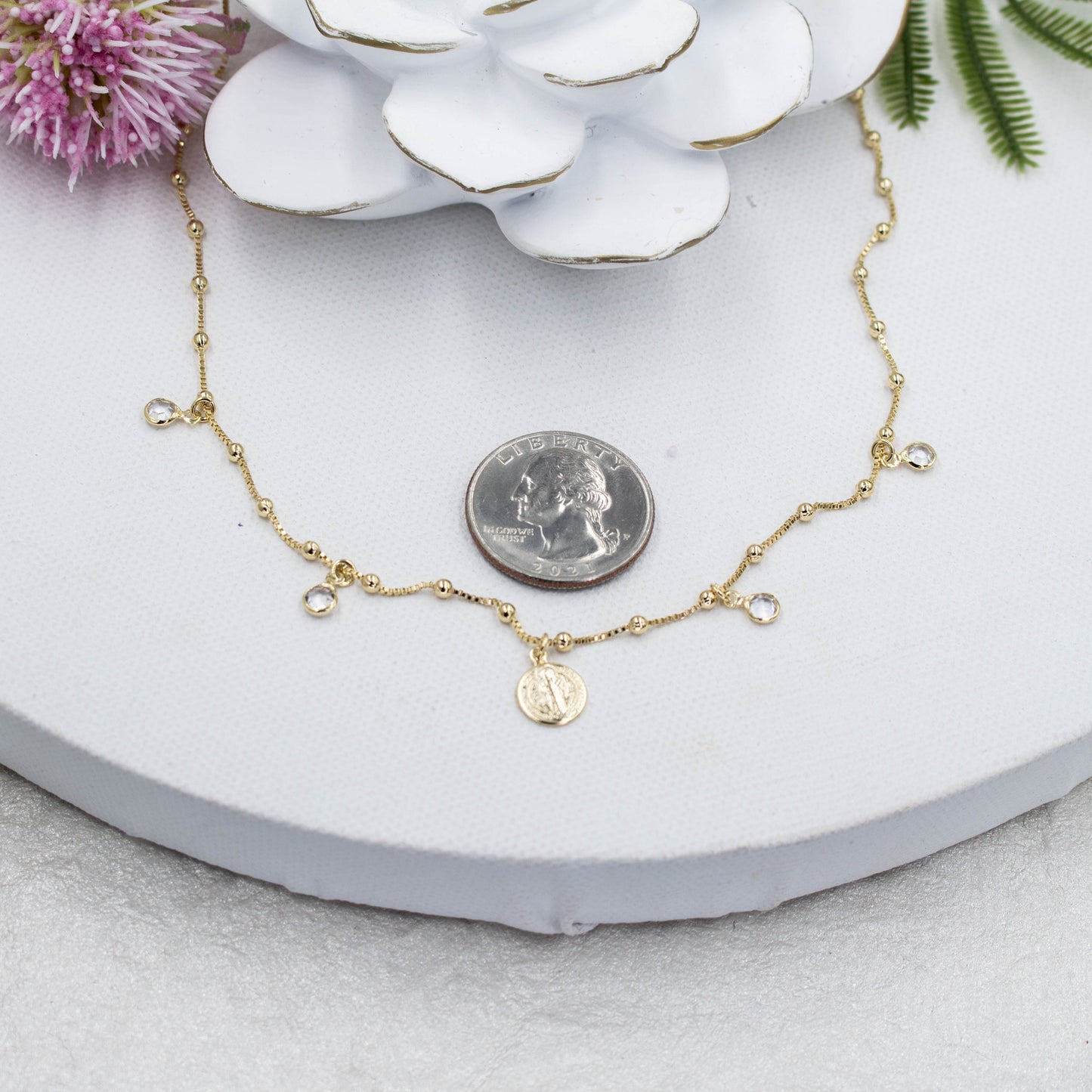 Saint Benedict Pendant with Four Spot Light Satellite Chain Necklace