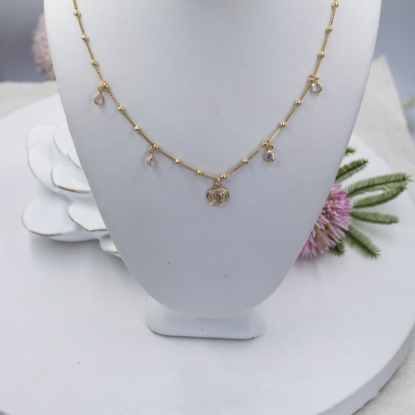 Saint Benedict Pendant with Four Spot Light Satellite Chain Necklace