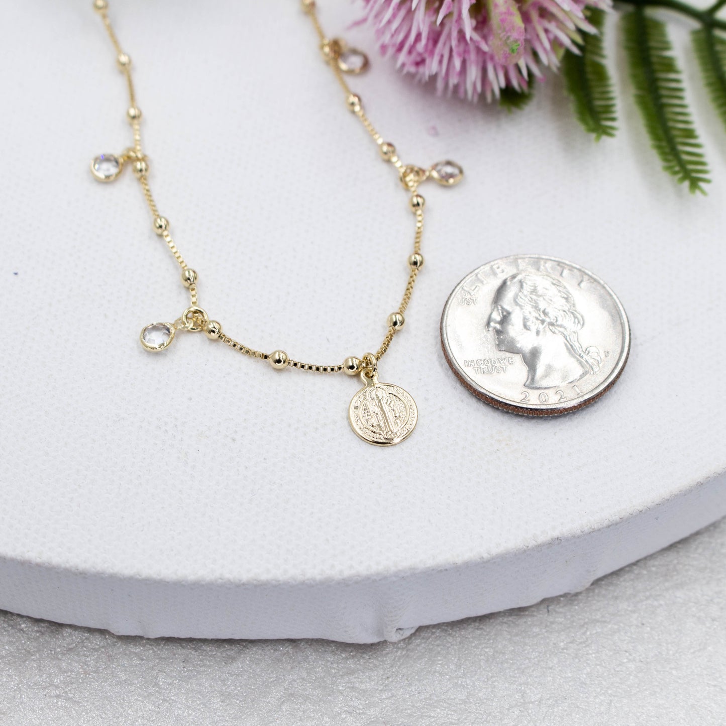 Saint Benedict Pendant with Four Spot Light Satellite Chain Necklace