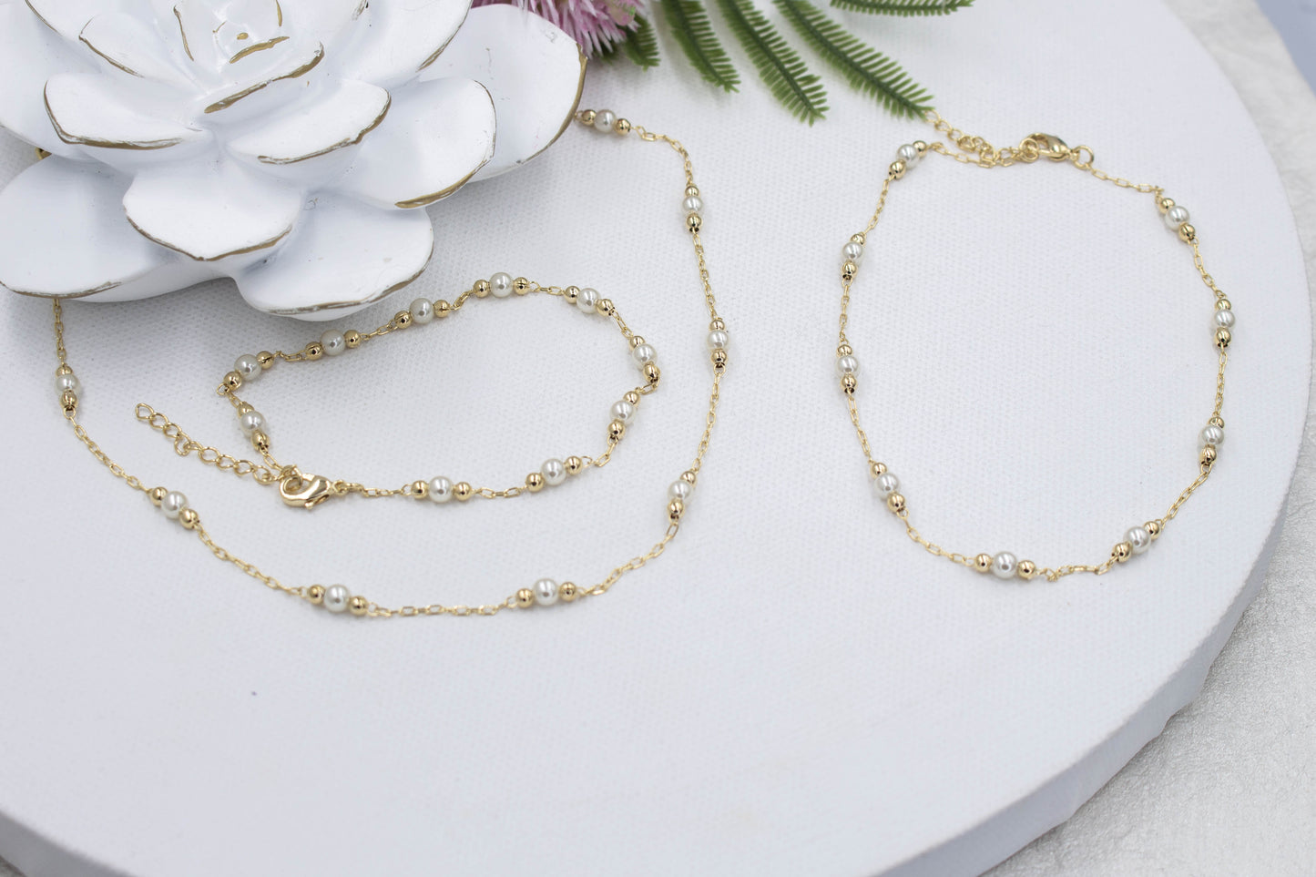 Dainty Pearl Beaded Necklace, Anklet & Bracelet Set