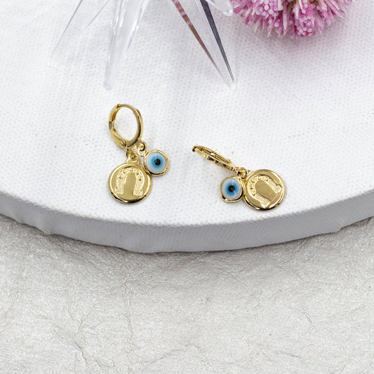 Horse Shoe and Evil Eye Huggie Earrings