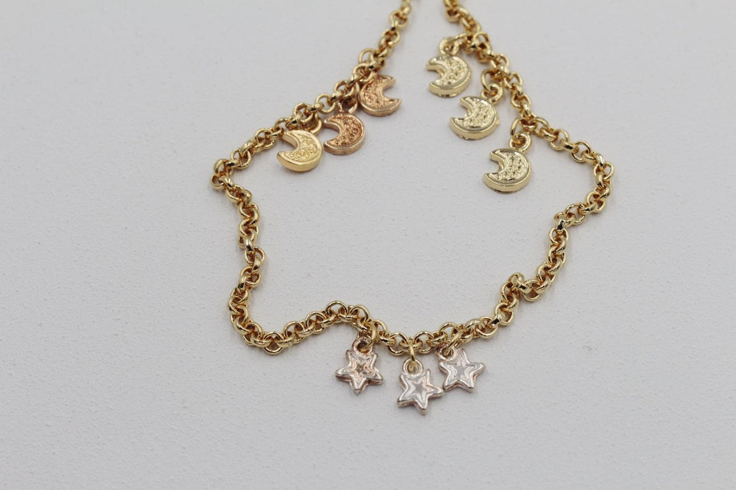 Three Tones Stars, Rose & Moon Crescent Charms Anklet