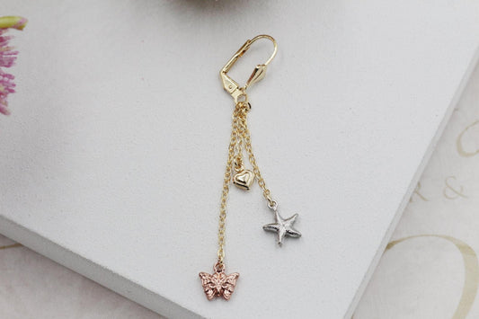 3 Tone Heart Starfish Butterfly Huggies Earrings