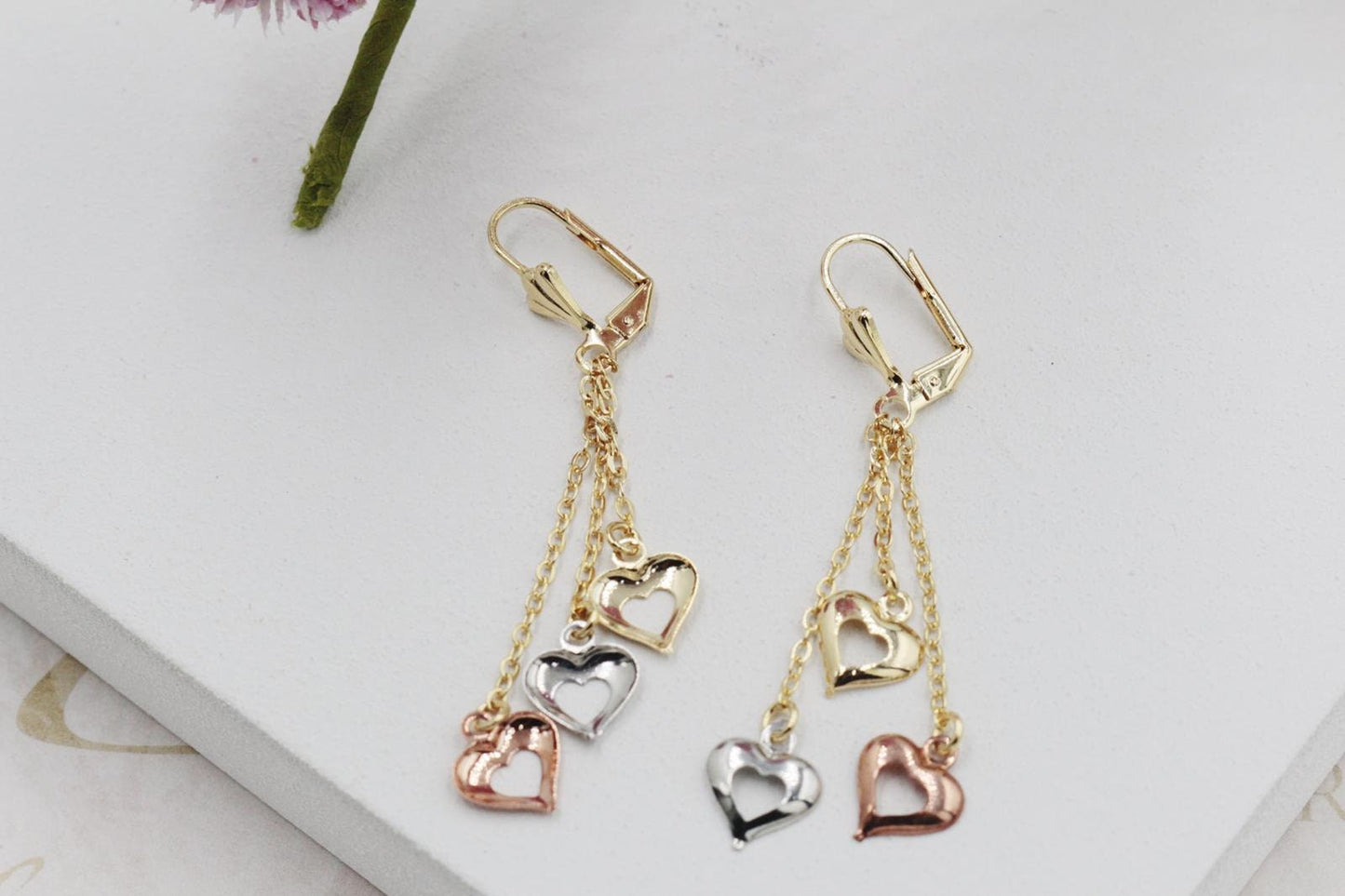3 Tone Hearts Huggies Earrings