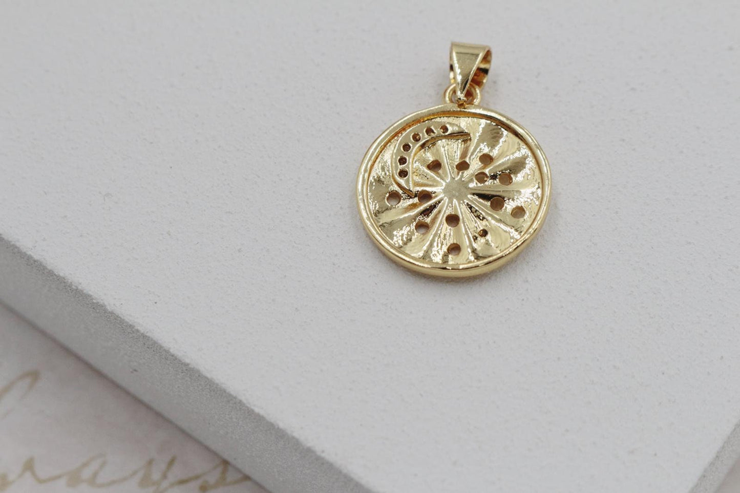 Wavy Medallion with Tiny Cubic Zirconia Moon Crescent and Star Detail Pendant