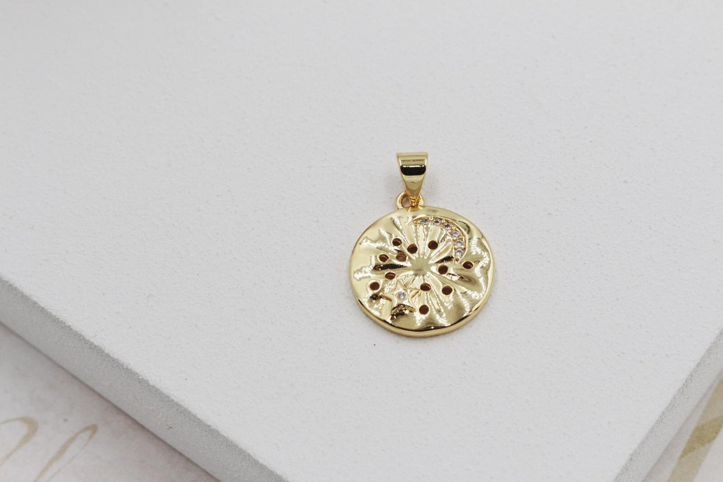 Wavy Medallion with Tiny Cubic Zirconia Moon Crescent and Star Detail Pendant