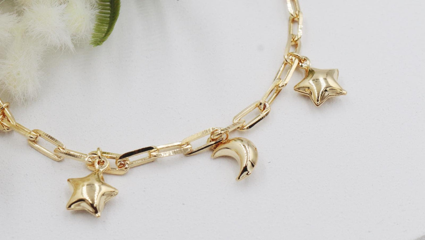 PaperClip Chain with Solid Moon Crescent and Star Charms Pendant Anklet