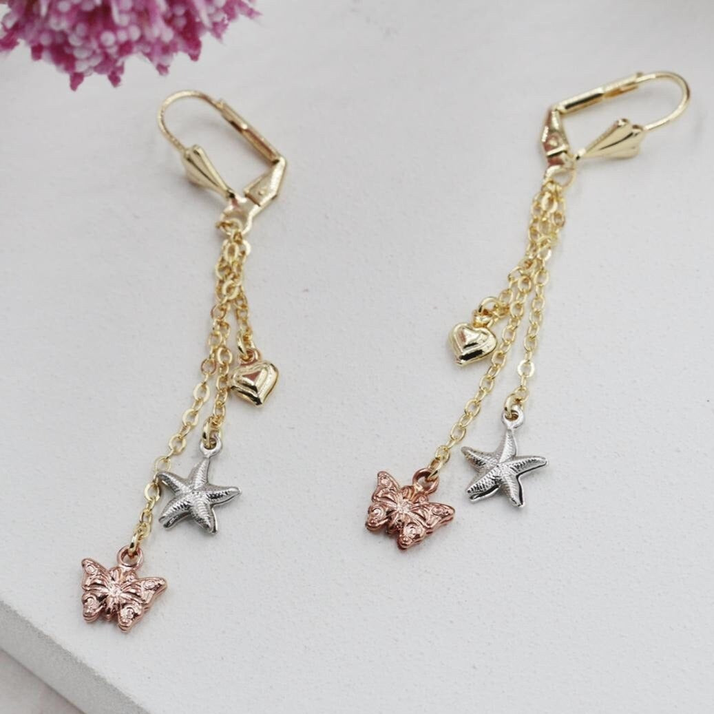 3 Tone Heart Starfish Butterfly Huggies Earrings