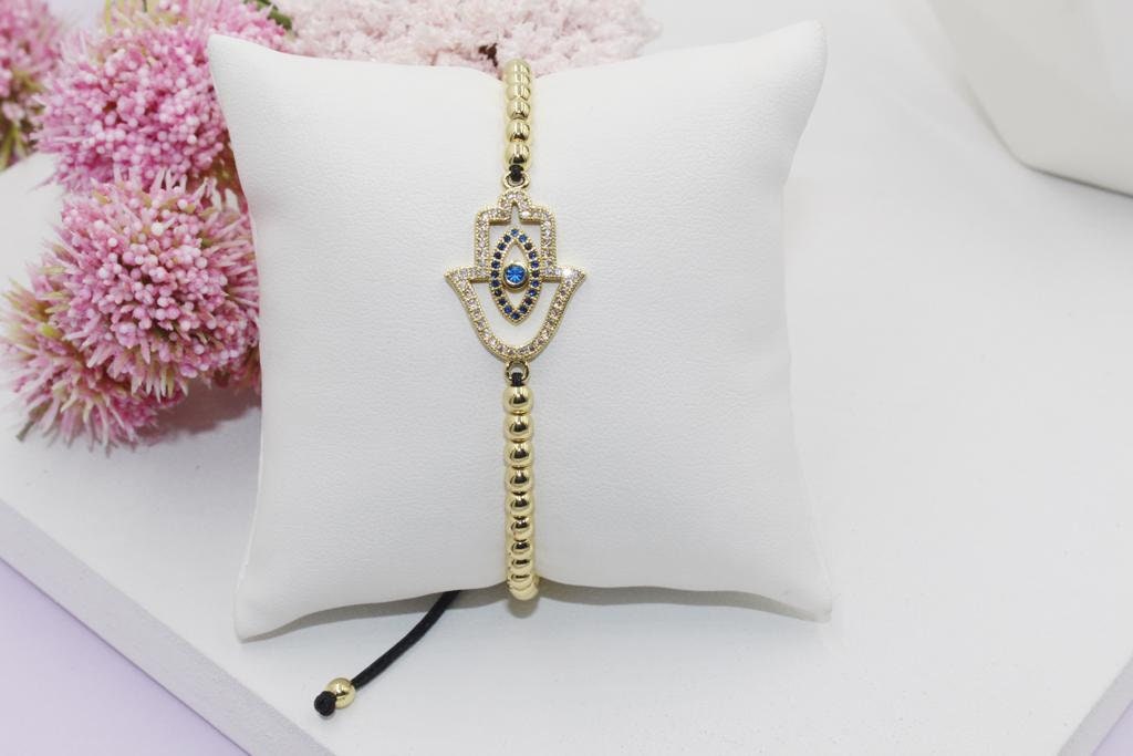 Beaded Bracelet with Cubic Zirconia Hamsa Hand Pendant