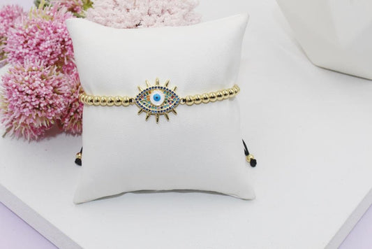Beaded Bracelet with Colorful Cubic Zirconia Eye Pendant