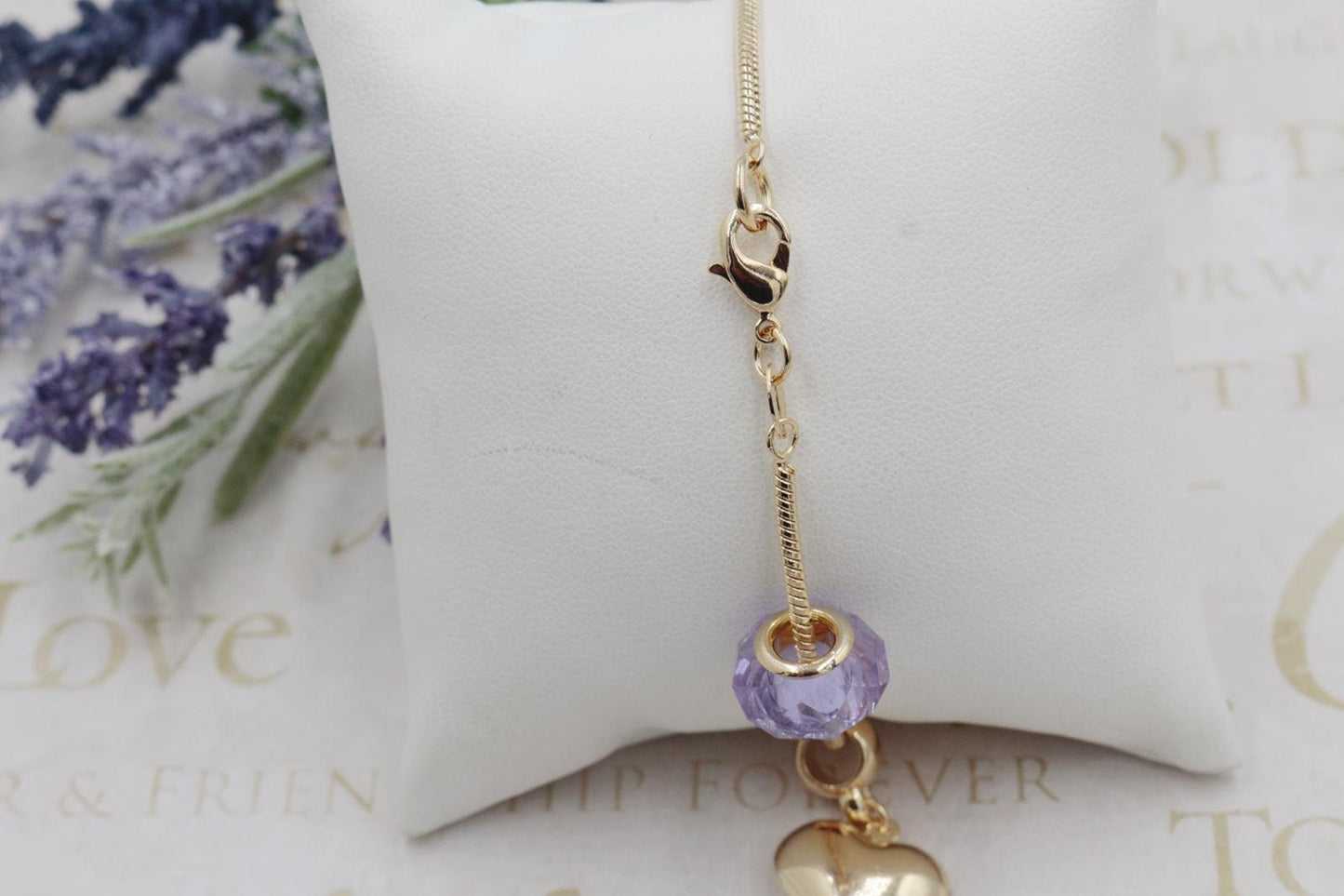 Heart and Lilac Oval Shaped Charms Pendant Bracelet