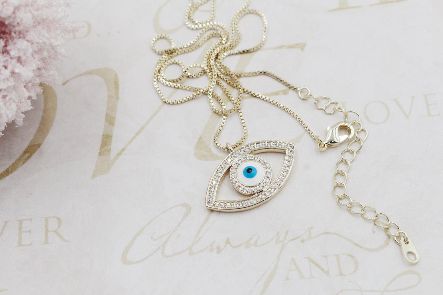 Complete Cubic Zirconia Big Blue Eye Pendant Necklace