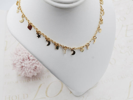 Hanging Hearts Moon Crescents & Starts Rolo Chain Choker