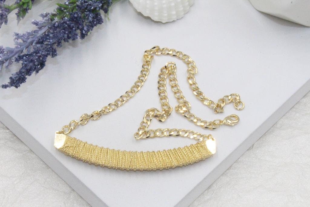 Gold Threaded Cubic Zirconia Accents Cuban Link Chain Necklace
