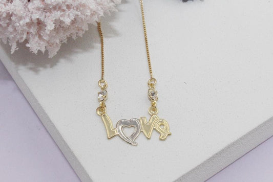 Two Tone "Love" Plaque Cubic Zirconia Stone Accents Box Chain Necklace