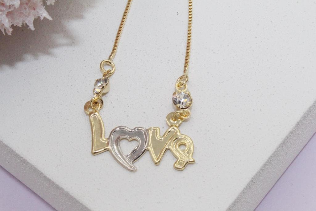 Two Tone "Love" Plaque Cubic Zirconia Stone Accents Box Chain Necklace