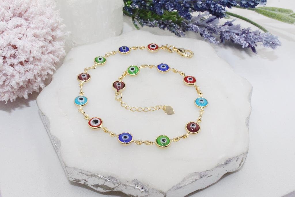 Filled Dainty Colorful Evil Eye Anklet